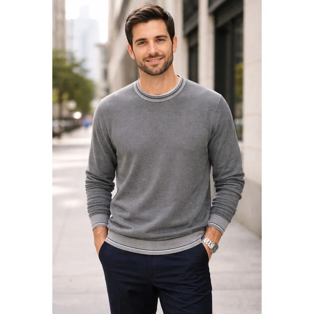 Tommy Hilfiger Men's XXL Gray Blue Finely Striped 100% Cotton Sweater